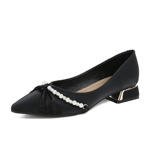 666-5 Autumn  New Korean Style Women's Fashionable and Versatile Pointed-Toe Pearl French Medium Heel Plus Size Women's Shoes