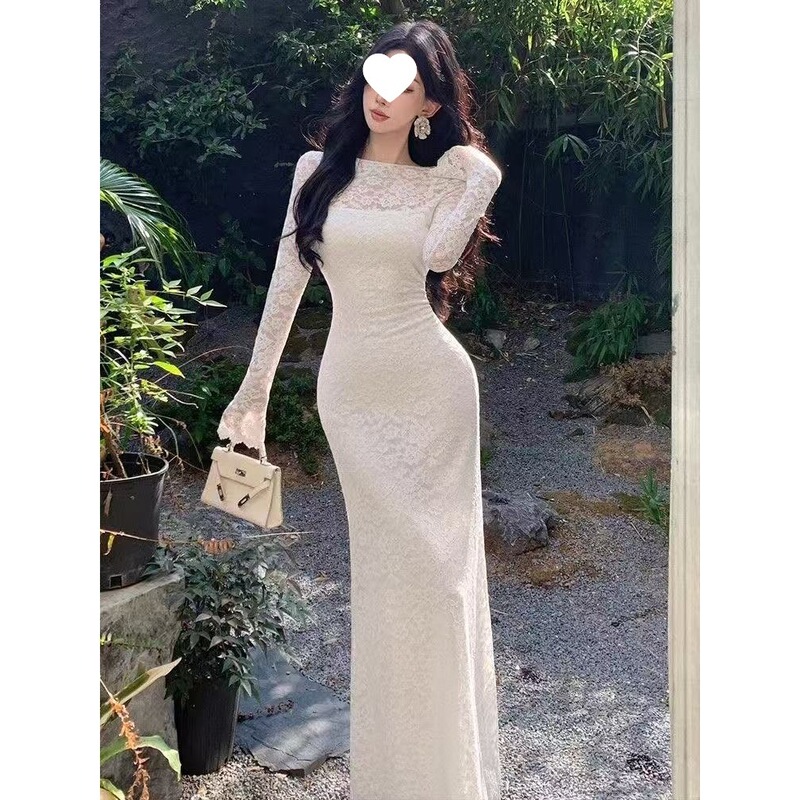 White Lace Long-Sleeved Dress for Women, Spring and Summer High-End Style, Slim-Fitting Black Hip-Hugging Fishtail Long Dress, Small Formal Dress