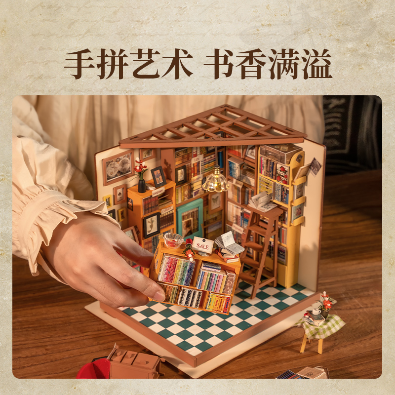 Rollife Ruo Lai Sam Bookstore bricolaje cabaña hecha a mano modelo mini cabaña arte casa juguete