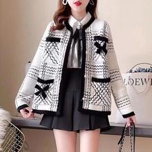 小香风时尚洋气上衣加厚开衫千鸟格秋冬新款女装仿水貂绒毛呢外套