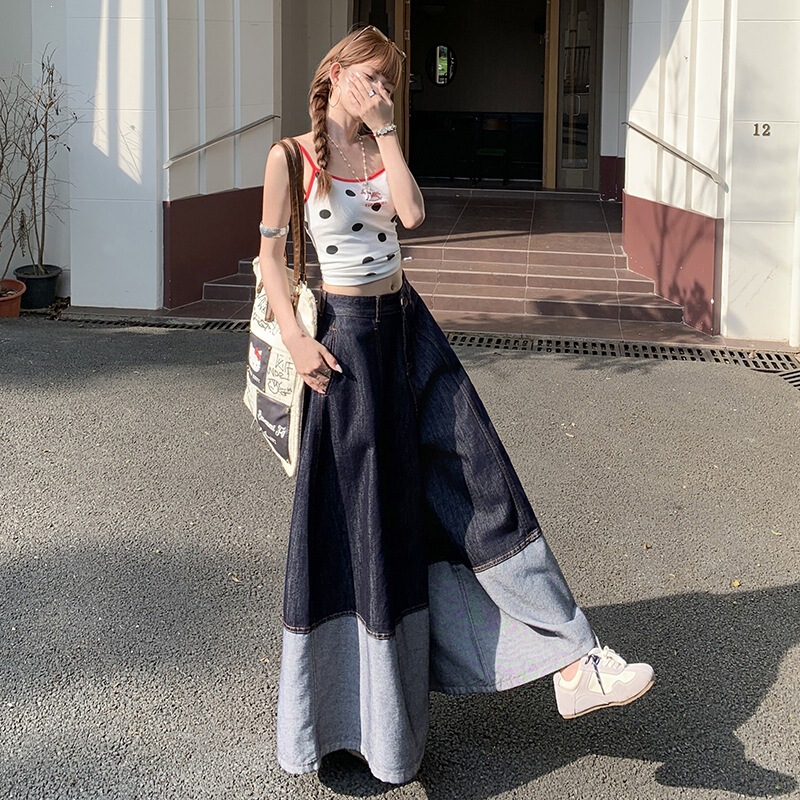 Lin Yun Celebrity-Inspired Patchwork Design Wide-Leg Jeans for Women, Spring and Summer Loose Fashion Wide-Leg Skirt Pants Lin Yun Celebrity-Inspired Patchwork Design Wide-Leg Jeans for Women, Spring and Summer Loose Fashion Wide-Leg Skirt Pants
