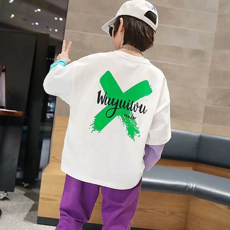 Long-sleeve boys' set, Korean style, 2-piece, sizes 100–160 cm (white/black/purple)