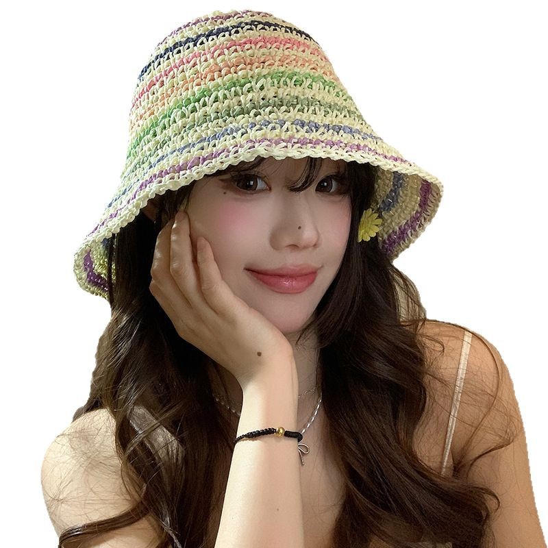 Dopamina arco iris hueco sombrero de paja mujer primavera y verano respirado cara pequeño sombrero pescador vacaciones frente al mar sombrero protector solar