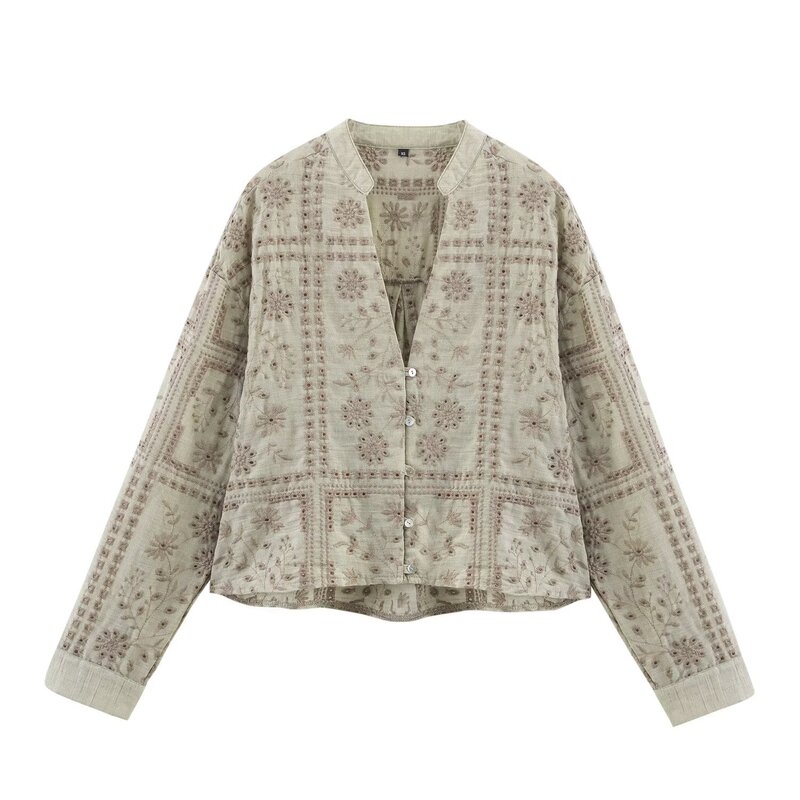 Pb&Za Cross-Border Foreign Trade Women's Clothing Sweet Hollow-Out Embroidered V-Neck Pleated Long-Sleeved Casual Shirt Top 2949021