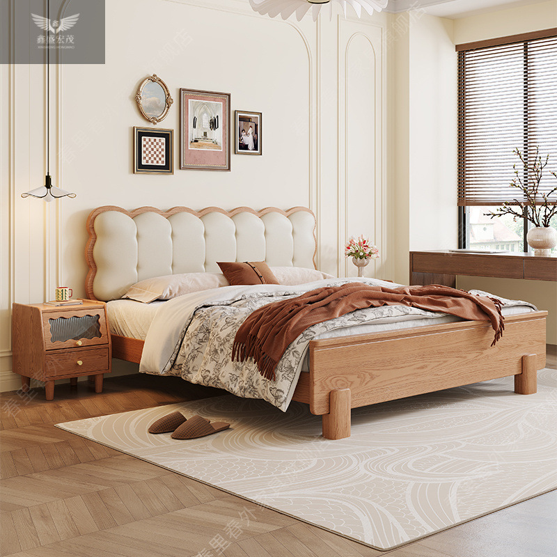 Dormitorio principal simple lujoso madera de cera blanca cama de madera sólida estilo medieval 1.8m doble cama queen 1.5m cama de respaldo suave