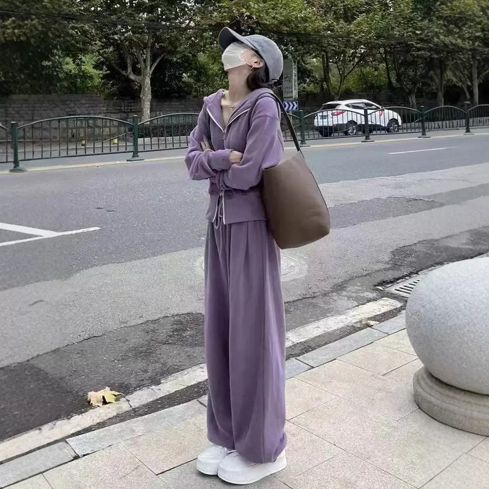运动套装女2025秋季新款韩版宽松网红休闲卫衣拉链+阔腿裤两件套