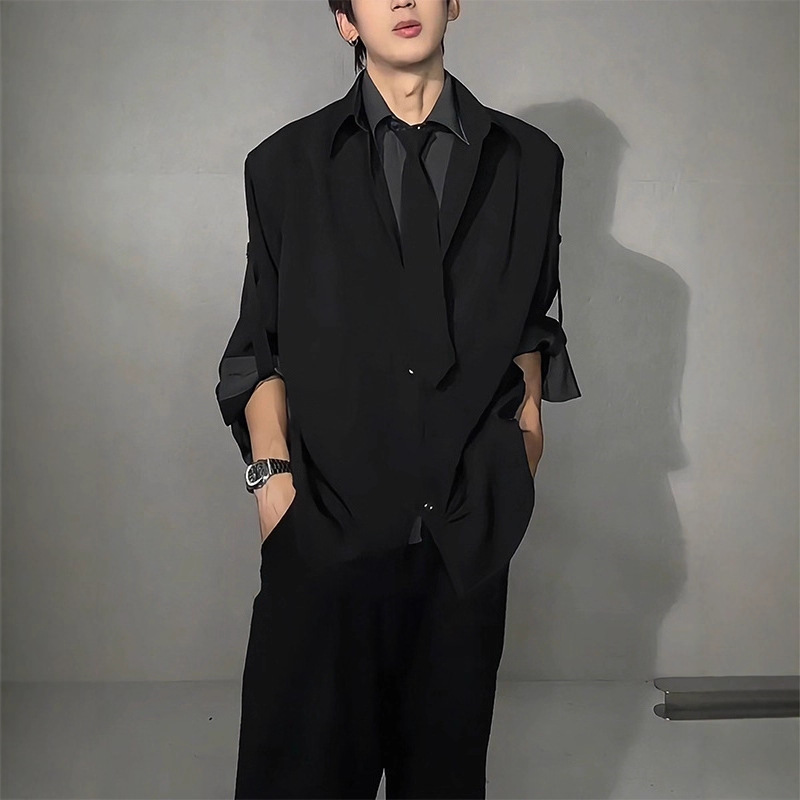 Fake Two-Piece Spliced ​​Tie Design Shirt Men's Early Autum High-End Shirt Jacket Handsome Casual Suit