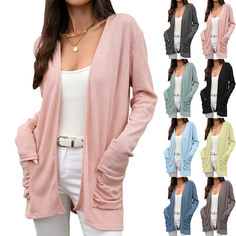 Amazon European and American Cross-Border Export 2025 Autumn and Winter Knitted Cardigan Pure Color Mid-Length Long-Sleeved Flap Pocket Pants Outerwear for Women Amazon European and American Cross-Border Export 2025 Autumn and Winter Knitted Cardigan Pure Color Mid-Length Long-Sleeved Flap Pocket Pants Outerwear for Women