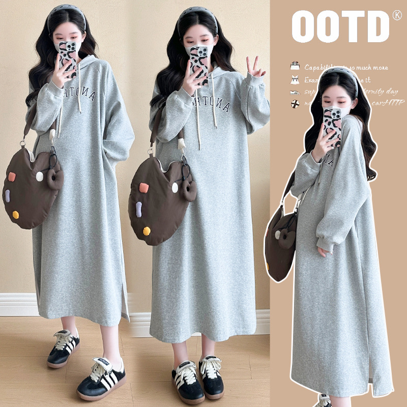 Fashion Korean Style Maternity Spring/Autumn Sweatshirt Long Dress Korean Trendy Mom Loose Mid-Length Maternity Maxi Dress
