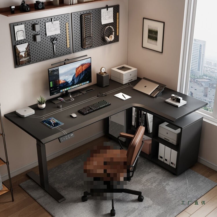 Four-Legged Corner Electric Adjustable Table L-Shaped Leather-Covered Solid Wood Gaming Desk Home Computer Desk Office Desk