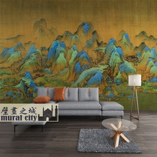 Landscape Thousand Miles River Mountain Picture New Chinese Style Wallpaper Living Room Atmospheric Chinese Painting TV Background Wallpaper Wall Cloth Ingot Mural