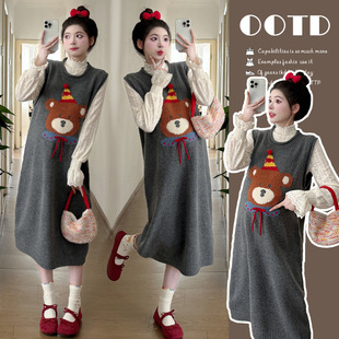 2024 maternity clothing autumn light luxury suit Korean fashion lace top cartoon sweater vest skirt two-piece set