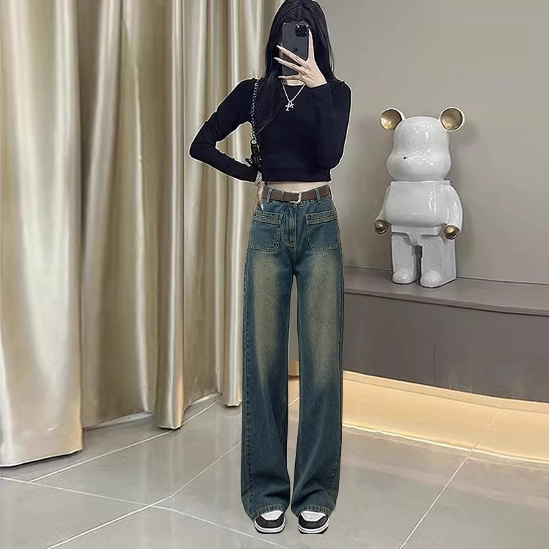 Women's 2023 new style spring, autumn and winter small person looking slim and loose high waist wide-leg pants