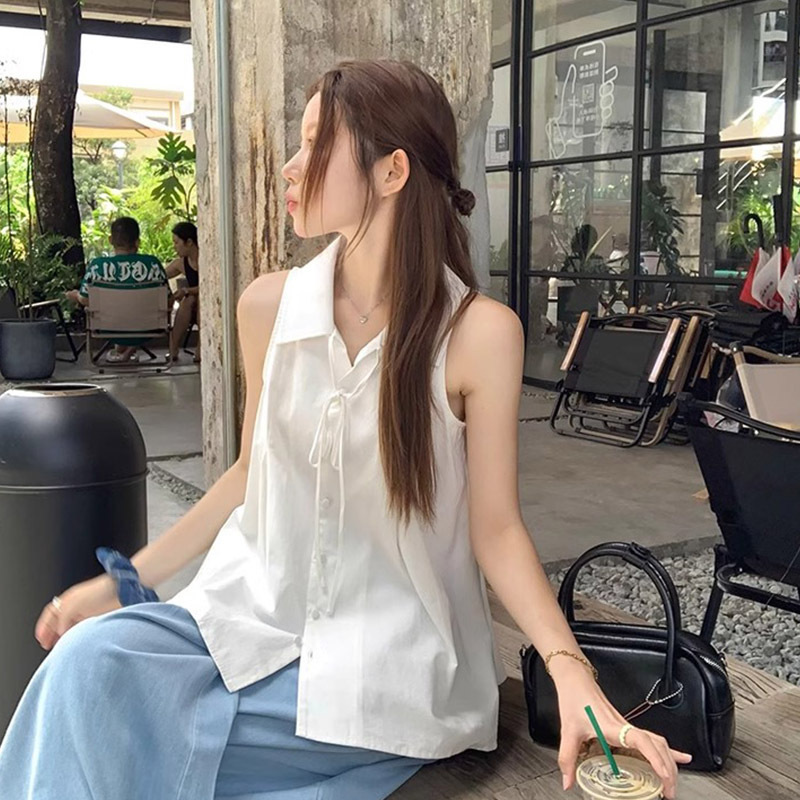 法式白色无袖背心衬衫女夏季设计感小众绝美衬衣娃娃衫气质上衣|undefined