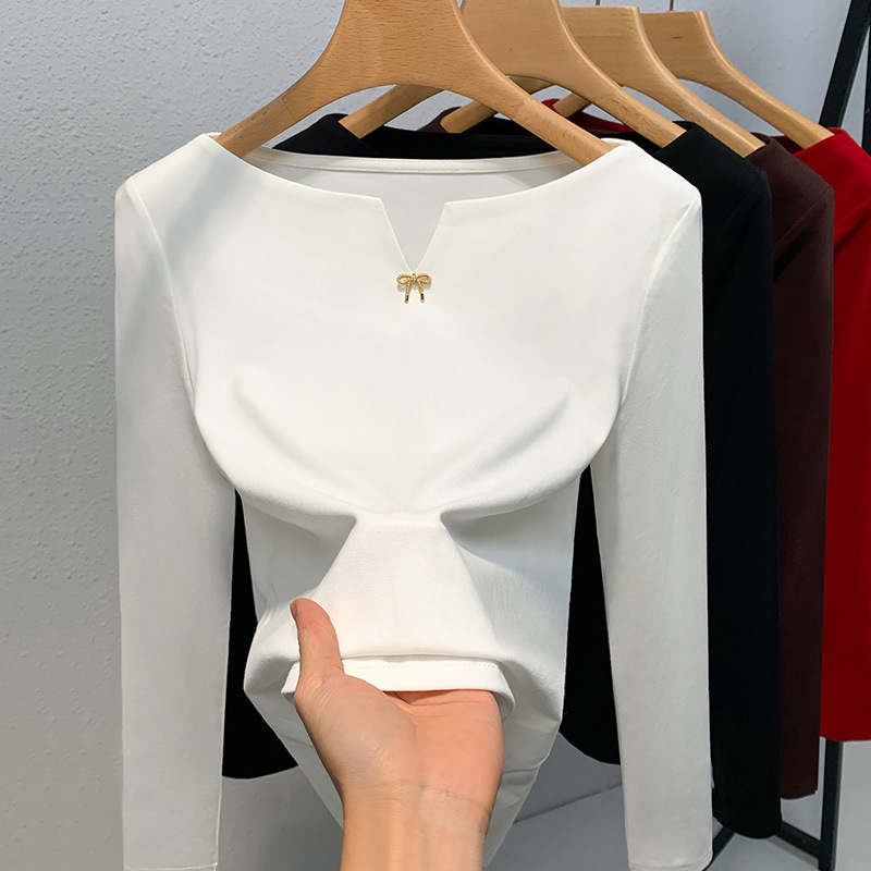 Camisa de fondo delgada para mujeres 2023 nuevas mujeres elegante fuera del hombro de manga larga Camiseta retro Cintura interior apretada top image 7