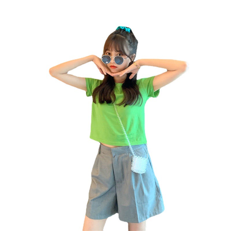 Top corto de manga corta a la moda, color caramelo, cintura alta, color sólido, conjunto de mejores amigas, camiseta de verano para estudiantes, para mujer, 2025