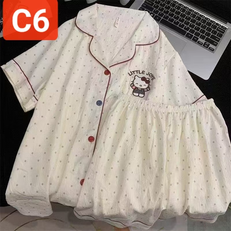 Pijamas de algodón nubes al por mayor transfronterizos de verano nuevos pantalones cortos de manga corta cardigan con solapas japonesas y coreanas de dibujos animados a cuadros