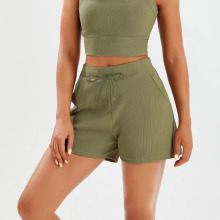 外贸夏季罗纹宽松休闲短裤女抽绳速干瑜伽短裤口袋弹运动三分裤子