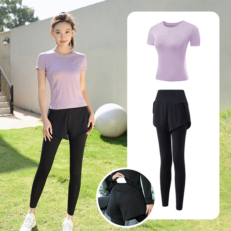 Trajes de yoga para mujeres de verano para correr ropa deportiva suelta rápida ropa seca bolsillo para correr trajes de mujeres de la mañana para correr comercio exterior