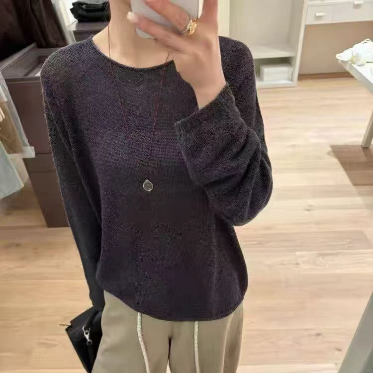 Silk and Paper Yarn~Knitted Air-Conditioning Sweater for Women, Round Neck Pullover, Casual Outerwear, Long-Sleeved T-Shirt, Loose Cover-Up Shirt for Women, Summer