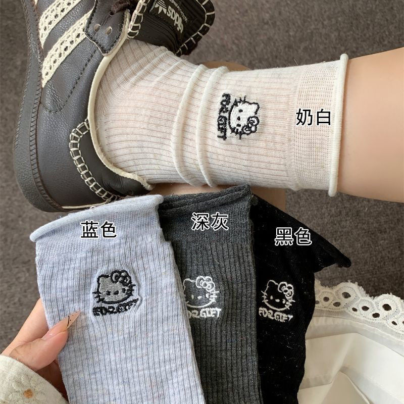 薄款夏季ins潮流百搭袜子女可爱中筒袜学院风堆堆袜透气猫咪卡通|undefined