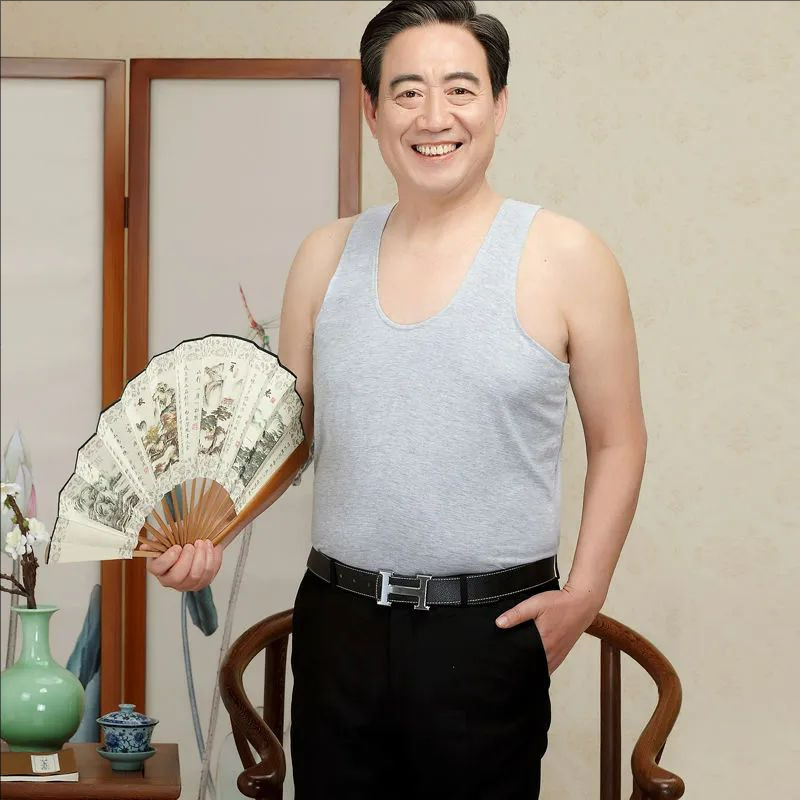 100% Pure Cotton Middle-Aged and Elderly Breathable Cotton Undershirt Summer Men's Loose Old Man's Sweat-Absorbent Tank Top