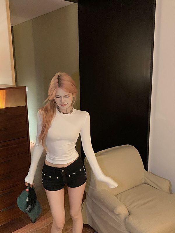 藏青色长袖t恤女2025秋季圆领显瘦修身设计感高级小众紧身短上衣|undefined