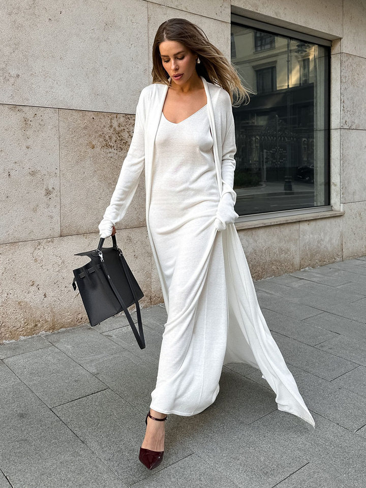 Bộ đầm dài kèm áo cardigan dệt kim dài tay nữ — Màu cà phê đậm, Màu hồng, Màu trắng, Màu xám