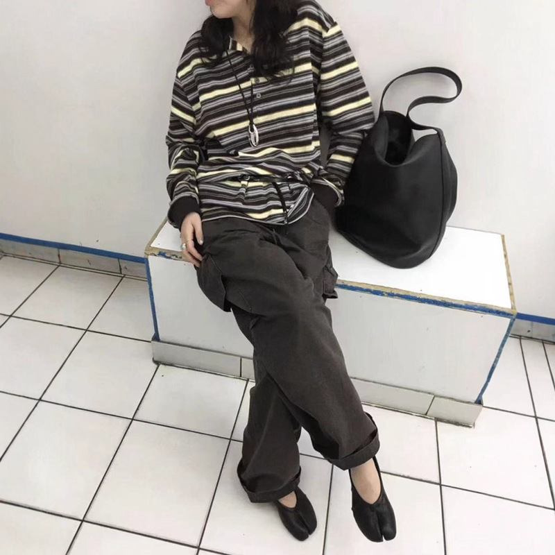 现H 韩国东大门breathe同款2025早秋长袖条纹撞色减龄POLO衫女T恤|undefined