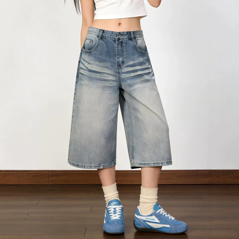 Cross-Border 2026 American-Style Summer New Retro High Street Fashion Washed Pleated Cool Versatile Loose Denim Shorts Cross-Border 2026 American-Style Summer New Retro High Street Fashion Washed Pleated Cool Versatile Loose Denim Shorts