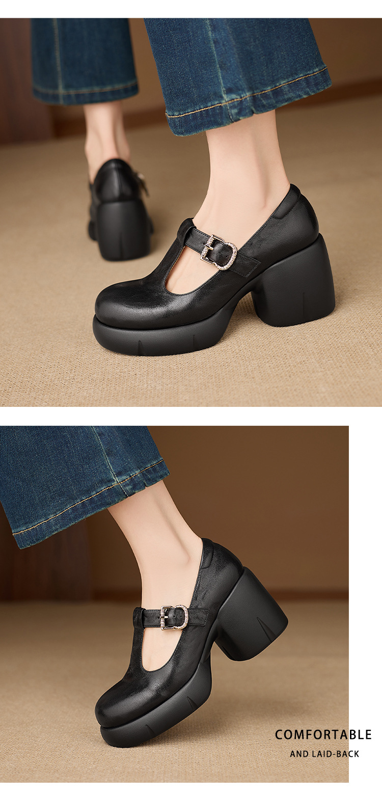 Giày Mary Jane nữ da cừu cao cấp gót vuông 8 cm quai ngang khóa chữ T — màu đen chi tiết 9