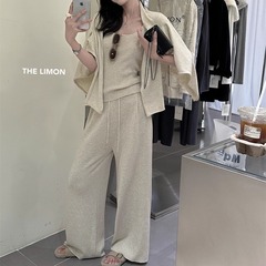 THE LIMON柠檬绿茶2025冬季韩系套装慵懒清冷感背心+开衫+阔腿裤