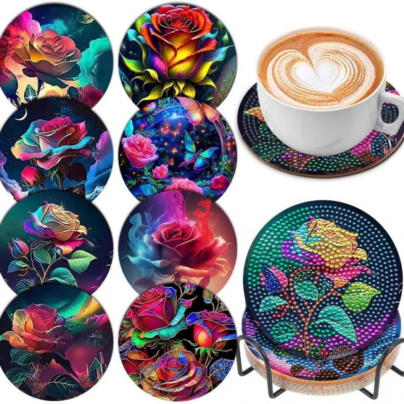 Ventas transfronterizas calientes de 8 piezas de conjunto de cojín de taza de arte de diamante, con soporte, pequeño conjunto de pintura de diamante, adecuado para adultos