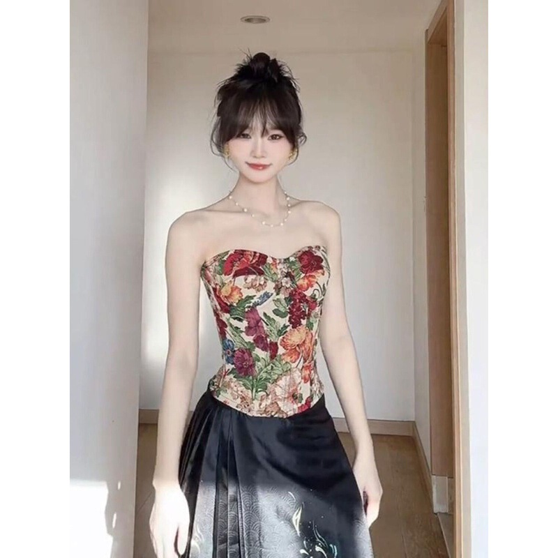 2025 Spring/Summer New Hanfu Mamian Skirt Set for Women, Ming Dynasty Style, Plus Size, Fishbone Corset Top Two-Piece Set for Women