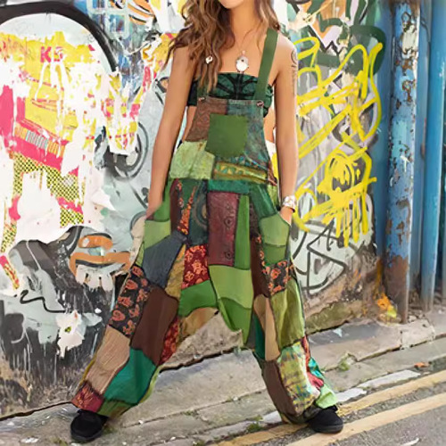 Women's Bohemian Patchwork Ethnic Print Sleeveless Loose Hemaran Pocket Onesie