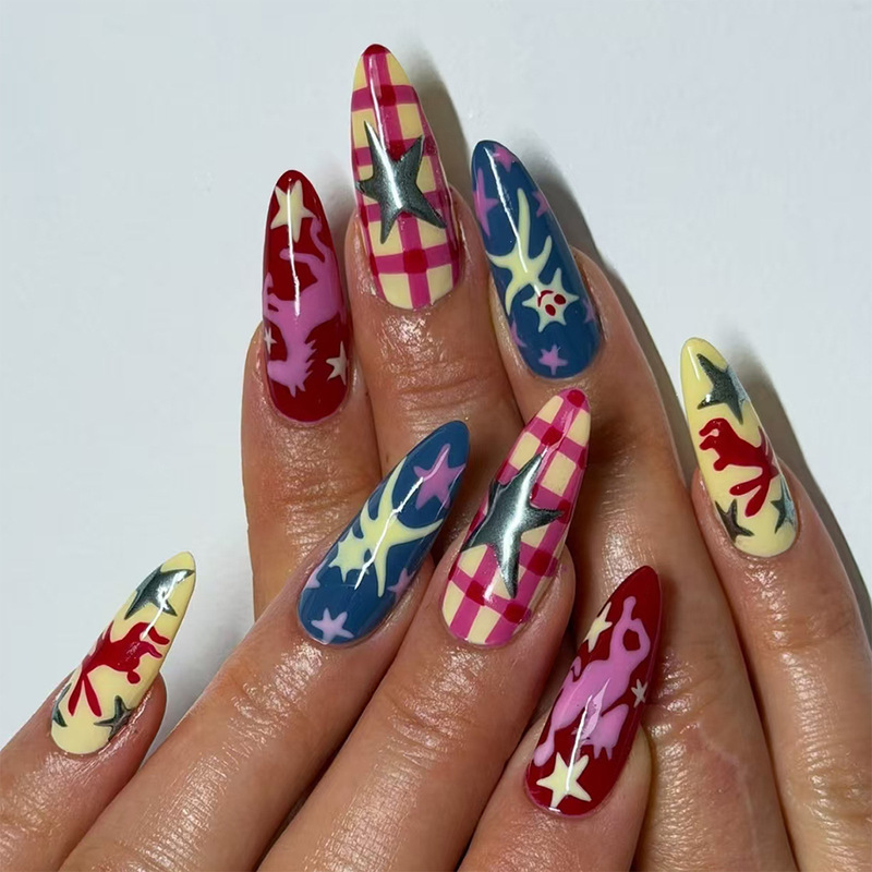 24-Piece Set of Long Almond-Shaped Wearable Nails with Colorful Star Print and Plaid Design, European and American Cross-Border Wholesale 24-Piece Set of Long Almond-Shaped Wearable Nails with Colorful Star Print and Plaid Design, European and American Cross-Border Wholesale