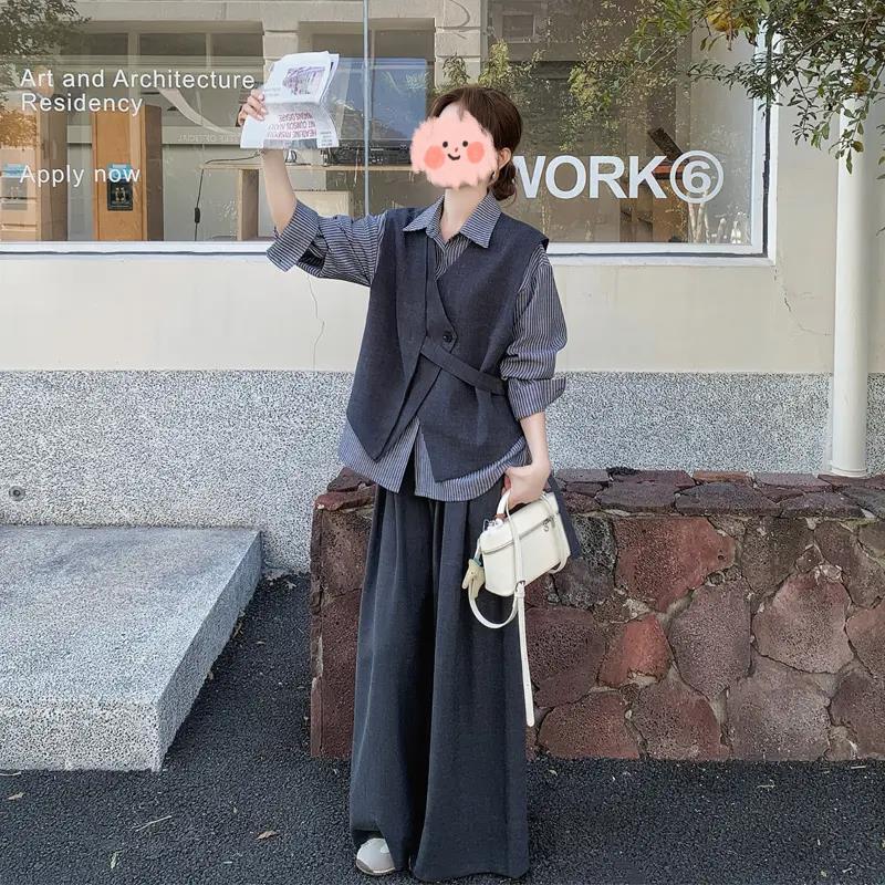2025 Early Autumn New Korean Design Irregular Vest Striped Shirt Loose Wide-Leg Pants Three-Piece Suit
