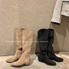 【sheii苏茵茵】涩谷靴~V口尖头绒面粗跟高筒骑士靴女西部堆堆靴