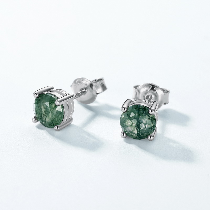 Pendientes redondos de ágata de hierba de agua natural especial transfronteriza S925 Pendientes de piedra de musgo verde con incrustaciones de plata simple y de moda