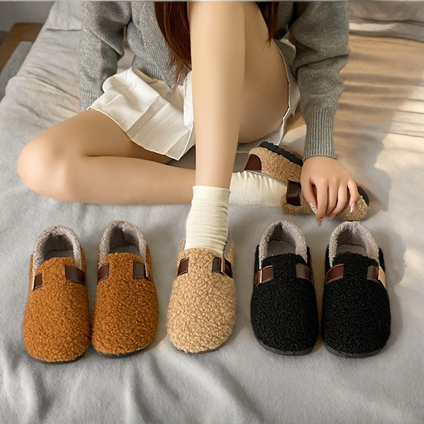 平底毛毛鞋女外穿2025新款秋冬雪地靴加绒豆豆鞋懒人一脚蹬鞋棉鞋