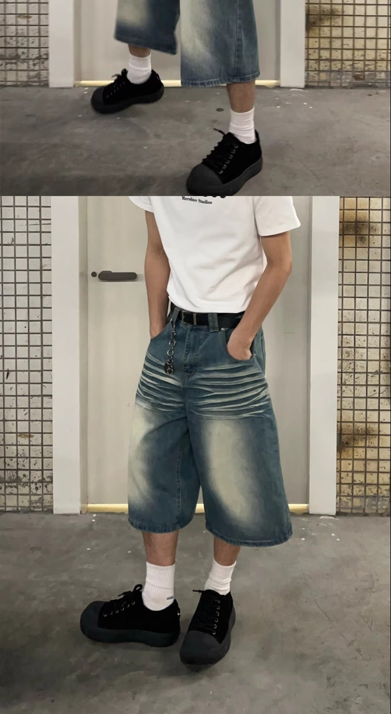 Men's Vintage Washed Blue Distressed Denim Shorts Loose Fit Streetwear Style Cargo Pants with Multi-Pockets_mkmklike.com