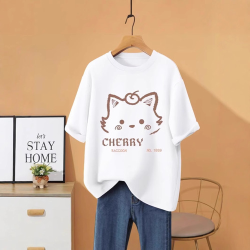 Printed Heavyweight Straight Shoulder T-Shirt 2025 Summer Casual Plus Size Crew Neck Five-Button Tee