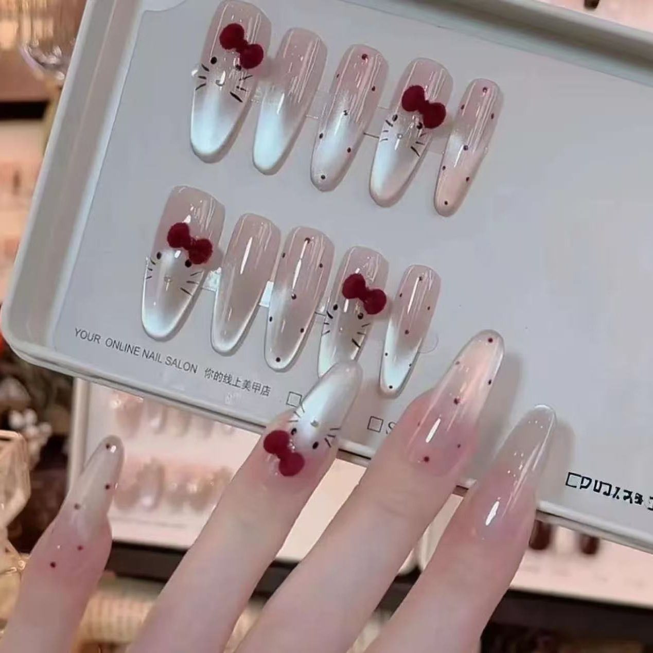 Blush Cat-Eye Nail Art with Red Velvet Bow, Pre-Made Cat Nail Stickers, Brightening and Versatile