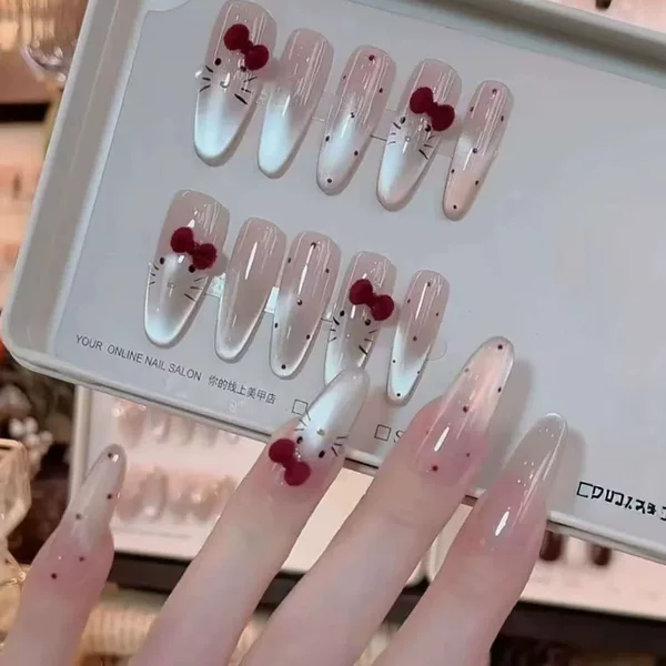 Blush Cat-Eye Nail Art with Red Velvet Bow, Pre-Made Cat Nail Stickers, Brightening and Versatile
