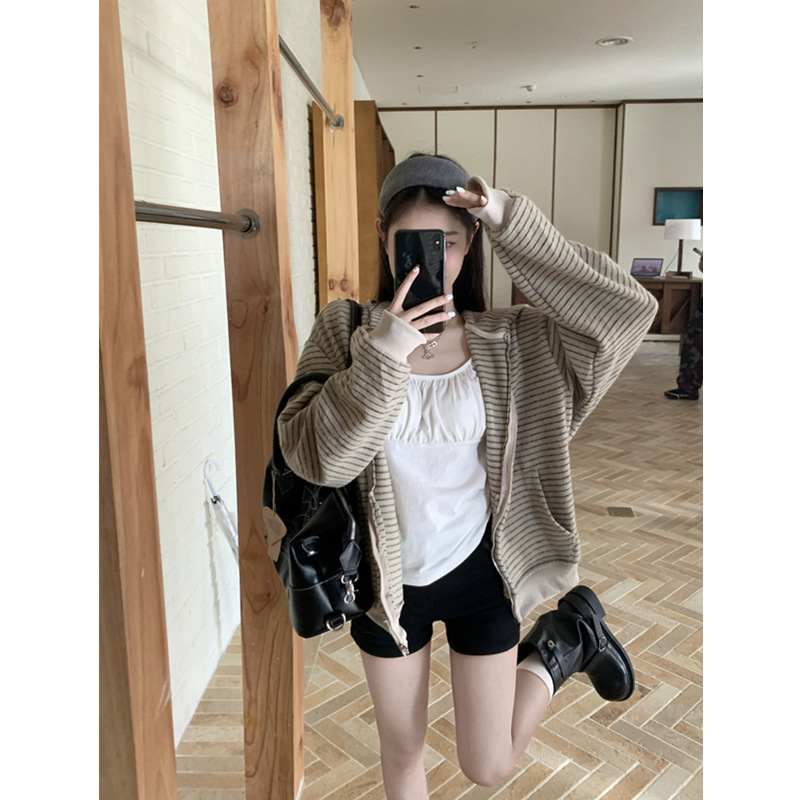 实拍 秋季美式复古慵懒风宽松条纹开衫连帽卫衣女长袖外套潮88239|undefined
