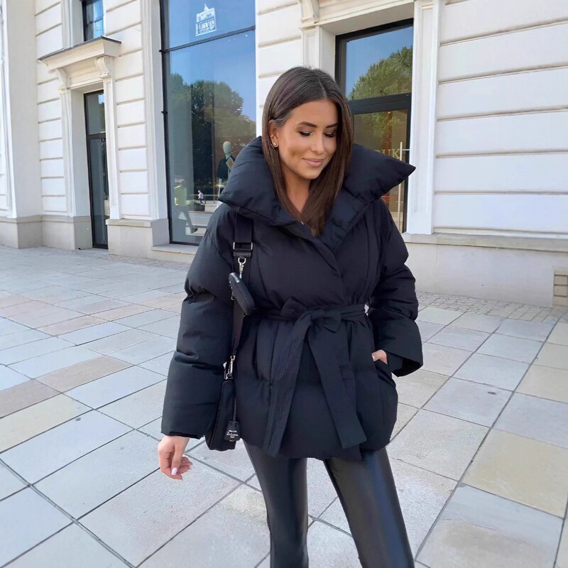 2026 European and American women's clothing independent brand warm waist-cinching long-sleeve tie-waist loose solid color fashionable autumn and winter cotton coat
