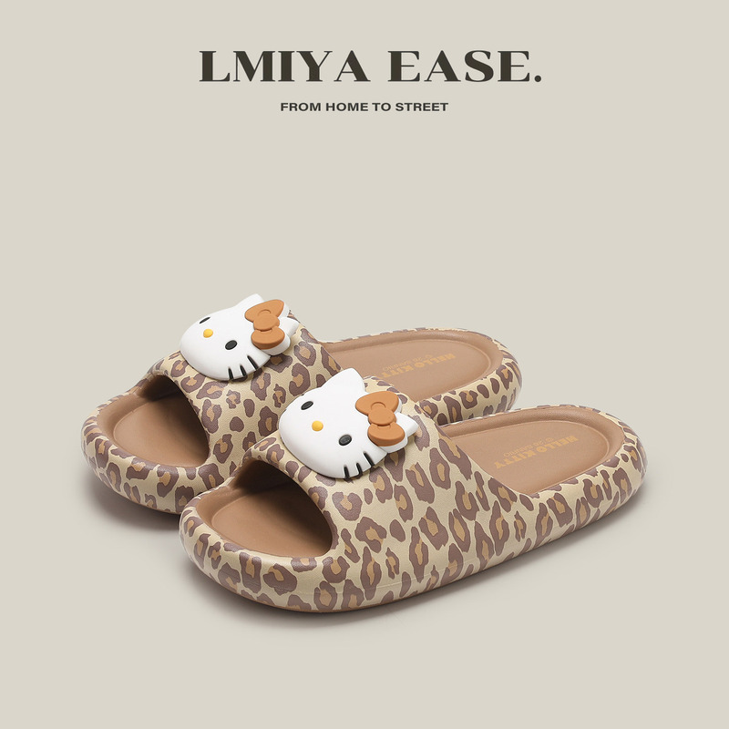 Hellokitty Cute Hello Kitty Leopard Print Sandals for Women Summer Outdoor Wear New Non-Slip Home Slippers for Women
