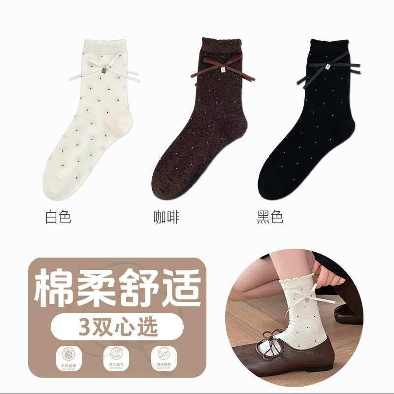 袜子女春夏韩系ins蝴蝶结秋冬芭蕾风中筒袜女蝴蝶结花边透气棉袜|undefined