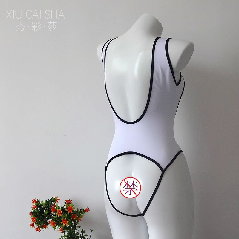 Japanese-Style Open-Crotch Bodysuit Lingerie with Revealing Text, Red Trim with White Stockings — detail image 18