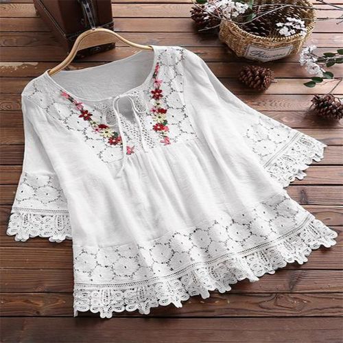 Summer Cotton-Linen Blended Lace Edge Elegant European-American V-Neck Loose Women's Top